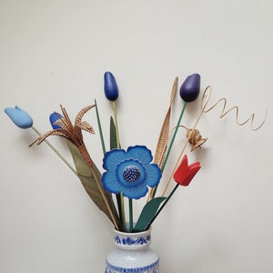 Wooden tulip, cornflower & wicker woven lily bell flower bouquet, Swedish blue faux artificial plants stakes pot sticks decor forget-me-not
