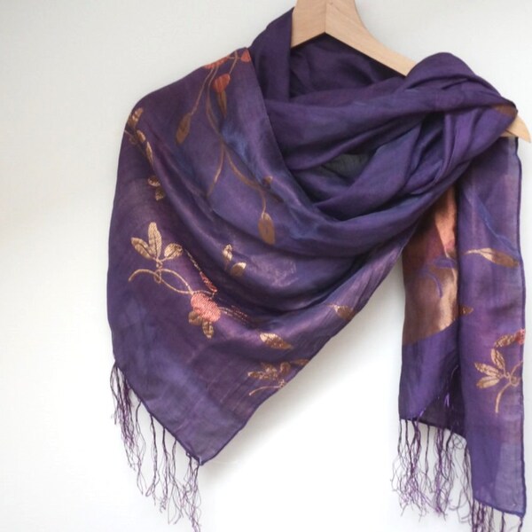 Neck Scarf Shawl long pure silk floral gold tone Retro purple mustard vintage oblong  fringed rose brown large 2 double sided