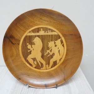 German marquetry wood inlaid wall hanging plate, by Paul May Naumburg Vintage Wooden round made in Germany dish hand carved inlay souvenir