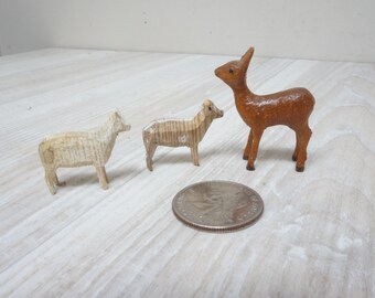 3 antique Erzgebirge mini figurines, sheep goat deer fawn roe doe baby wooden carved Vintage German Animal handmade ooak figure sculpture