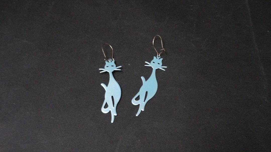 Blue Metallic Cat Funny Dangle Earrings, Jewelry Vintage Retro Diecut