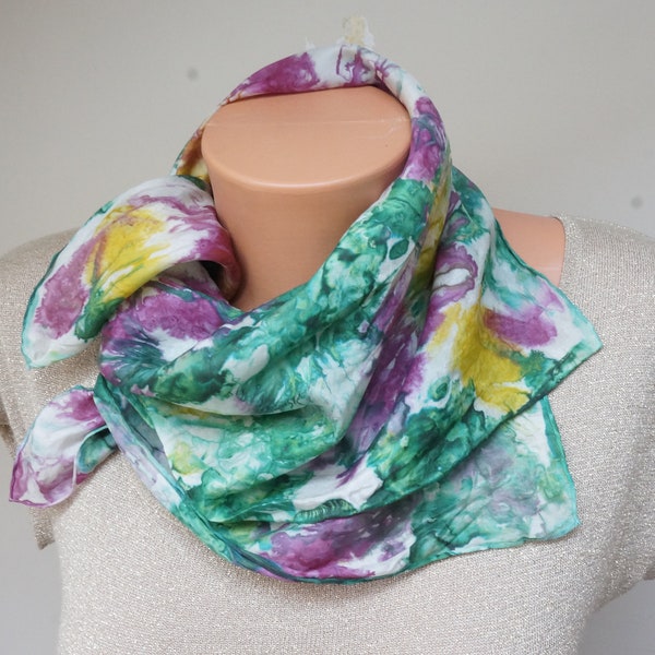 Hand painted Head Scarf tie dye shibori Shawl ponge real natural silk made by handmade dyed pink green yellow Retro Gift vintage square