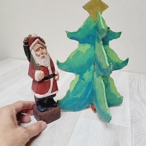 German Erzgebirge hand carved Santa and Christmas tree figurine, old red green ornament doll vintage wooden statuette figure made in Germany