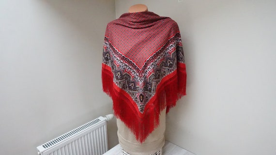 Large red Head Scarf with tassel fringe Shawl squ… - image 1