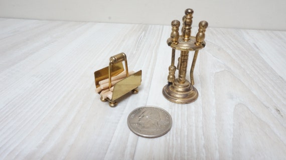 Dollhouse Miniature Fireplace Tool Fire Log Basket Set Gold Etsy