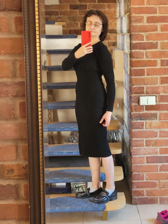jersey knit little black dress Dress, Ribbed Bodycon fitted skinny long sleeve outfit, extra small XS size pencil stretchy cotton viscose wear Maternity