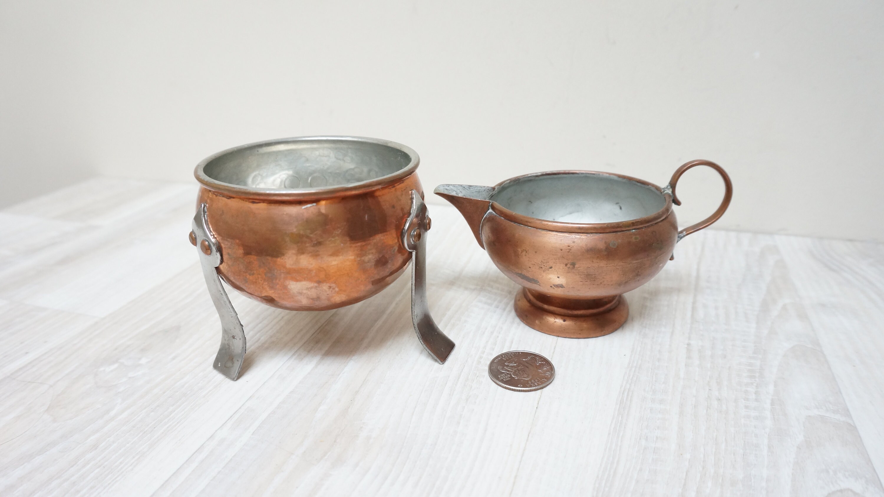 Antique Copper Kitchenware Mini Tea Pot/4.5” Saucepan/Funnel Ladle