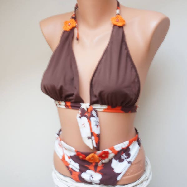 Vintage Bikini Anzug Schwimmen Upcycling Baden Strand BH Retro Frauen Mädchen Teen Größe S 10 small 36 8 florale Blume in Thailand braun orange
