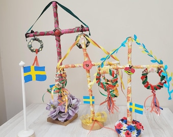 Choose Swedish midsummer maypole pole folk wreath on stand holder, tabletop table decor ornaments made in Sweden Scandinavian blue yellow