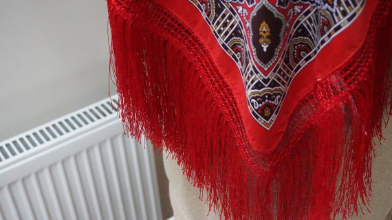 Large red Head Scarf with tassel fringe Shawl squ… - image 2