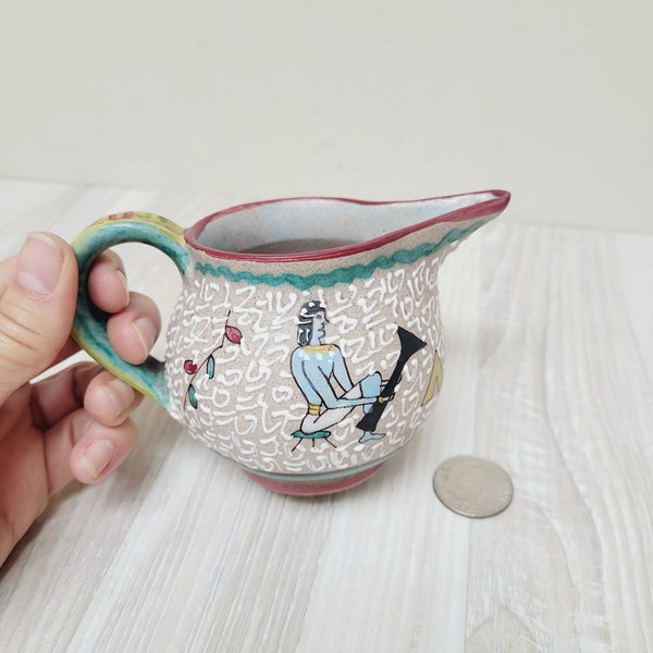 S. Volpi DERUTA little jug, Italian mini pitcher, antique ancient Egyptian style stoneware creamer vase, ceramic pottery handmade in Italy