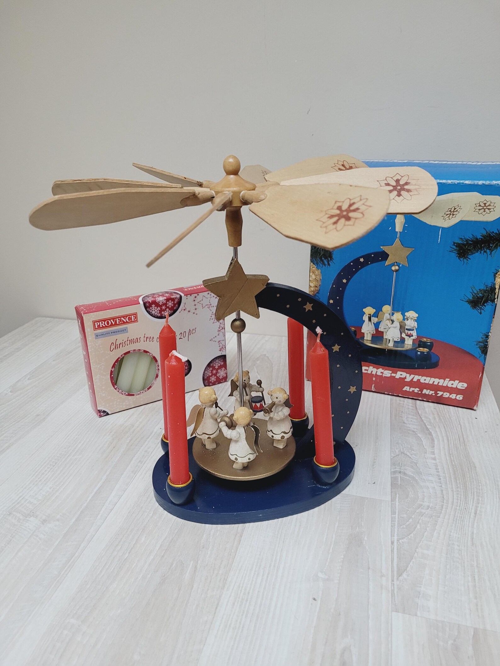 German Erzgebirge angel musician pyramid, Advent old candleholder carousel, candle holder ornament Christmas wooden Figurine made in Germany