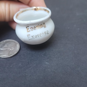 Antique Dollhouse Miniature chamber pot with eye inside, porcelain china white potty gold rim Vintage doll house Evening Exercise good night