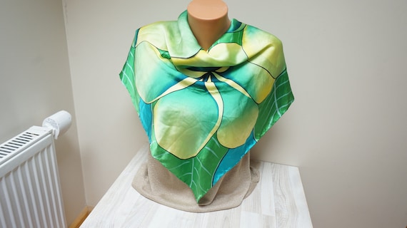 Charlotte Sparre Scarf Shawl large silk flower floral print made in Denmark Retro green turquoise aqua yellow vintage square rolled edges Charlotte Sparre Scarf Shawl large silk flower floral print made in Denmark Retro green turquoise aqua yellow vintage square rolled edges