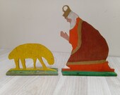 2 German Erzgebirge wise man and sheep figurine, flat antique Christmas ornaments doll toy king wooden putz made in Germany set handmade old