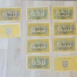 Talonas temporäres Litauisches Geld vor Litas Cent Vintage Set Lot von 0,2 0,5 20 50 nominell Alte 1990er Jahre Geldscheine Papier Banknote Litauen