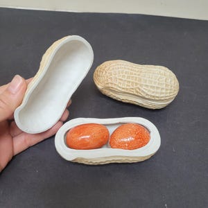 Puede incluir: Plato de cerámica con forma de cacahuete con dos mitades de cacahuete naranja en su interior. El plato está abierto, revelando el interior. La cáscara del cacahuete es beige con una superficie texturizada. Una mano sostiene la mitad de la cáscara.