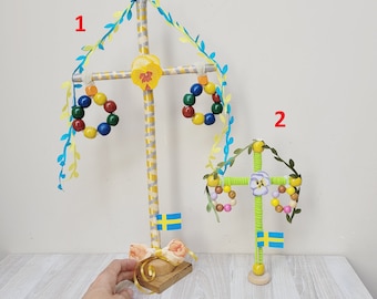 Pick your Swedish midsummer maypole pole folk wreath on stand holder, tabletop table decor ornaments made in Sweden Scandinavian blue yellow