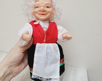 Arne Hasle old gnome woman or Santa's wife, Vintage Norwegian Christmas doll made in Norway folk handmade Nisse Troll Elf Tomte miss red