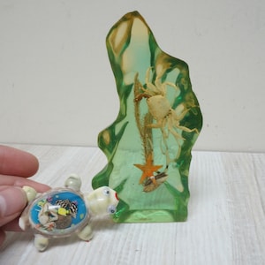 Puede incluir: Una pequeña figura de tortuga de plástico blanco con un caparazón azul y verde. La tortuga está mirando un bloque de plástico transparente más grande con un cangrejo y una estrella de mar conservados en su interior. El bloque es verde y tiene una forma irregular y rugosa.