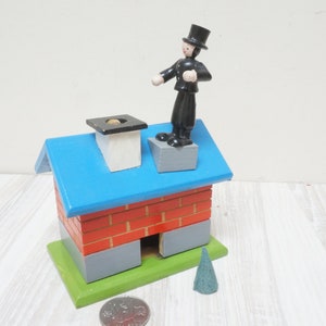 Dregeno chimney sweep on house roof incense smoker, wooden doll figurine, retro made in Germany Erzgebirge German burner räuchermännchen