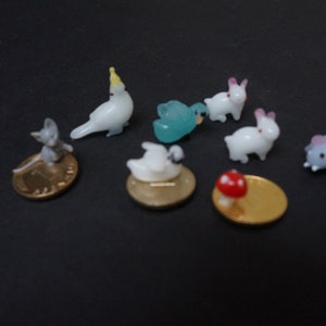 7 Miniature glass animals mushroom on German pfennig coin, Toadstool amanita Vintage Christmas ornaments doll Figurine made in Germany DDR