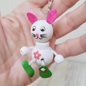 Wooden Rabbit Keychain, Bunny Puppet Keyring, Easter Key Chain