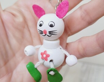 Wooden Rabbit Keychain, Bunny Puppet Keyring, Easter Key Chain