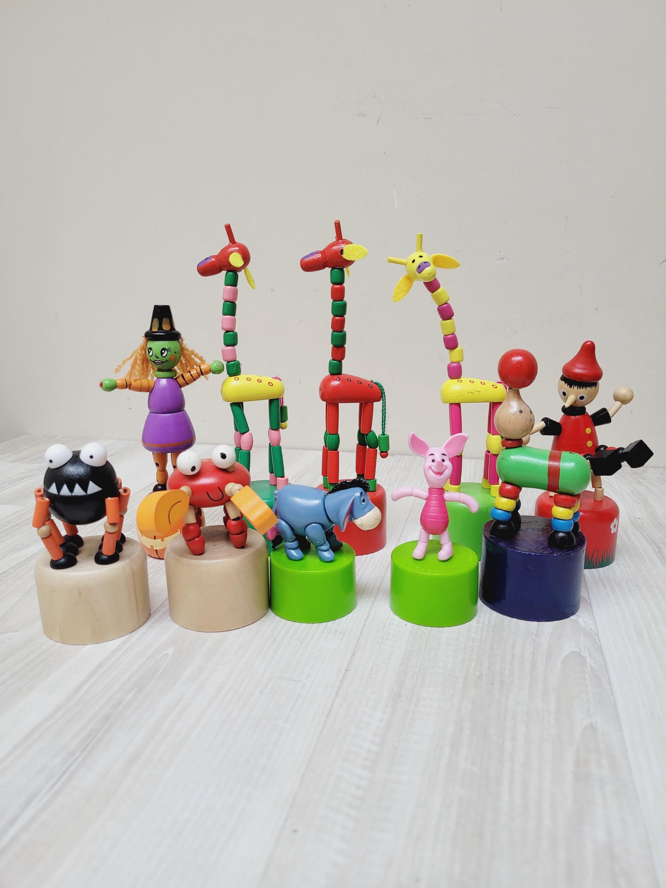 Wooden Push Button Giraffe Seal Scarecrow Pinocchio Winnie the