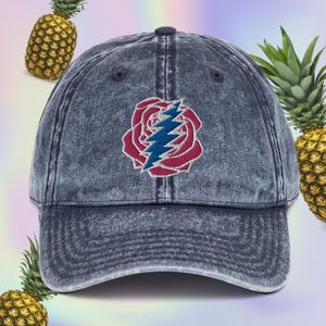 Grateful Dead Rose and Bolt Embroidered Vintage Cotton Twill Hat pink and blue