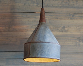 SALE! Giant Upcycled Vintage Galvanized Funnel Pendant Light Chandelier - with Black Cloth Covered Plug-in Cord