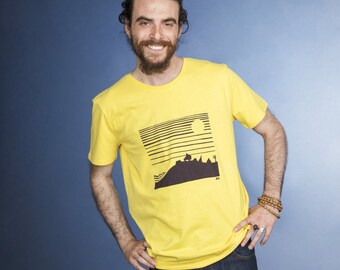 SALE - CAMPING organic t-shirt for men in yellow xs only