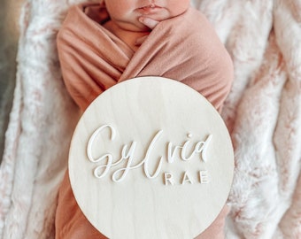 Modern Calligraphy Baby Name Announcement  • acrylic and wood name announcement • boho baby name disc