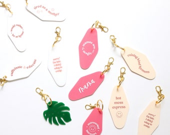 Motel keychains • boho keychains • hand lettered key ring • engraved keychain • new mom gift • funny gift • funny keychain