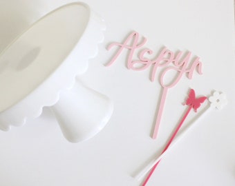 Hand-lettered pink cake topper • custom name • modern calligraphy acrylic cake topper | boho cake topper | kids birthday decor