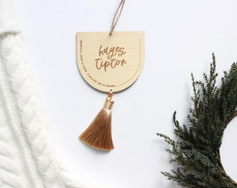 Boho Baby Ornament• custom modern calligraphy • hand lettered ornament • Modern Arch with Tassel