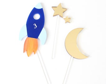 Rocket Ship Cake Topper Set - star and moon cake topper - acrylic topper - space party theme decor