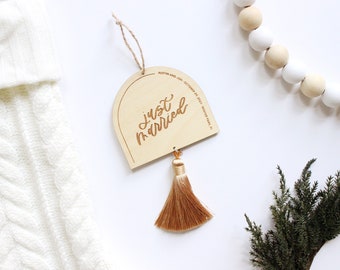 Boho Just Married Ornament• custom modern calligraphy • hand lettered ornament • Modern Arch with Tassel