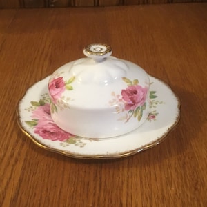 Royal Albert American Beauty Covered Butter Dish Floral Butter Dish Pink Cabbage Rose Dish