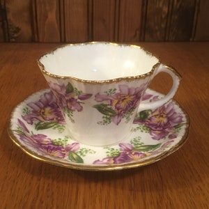 Salisbury Garland Bone China Cup and Saucer Ruffled Top with Purple Orchids Teacup and Saucer Lavender Flower Cup and Saucer