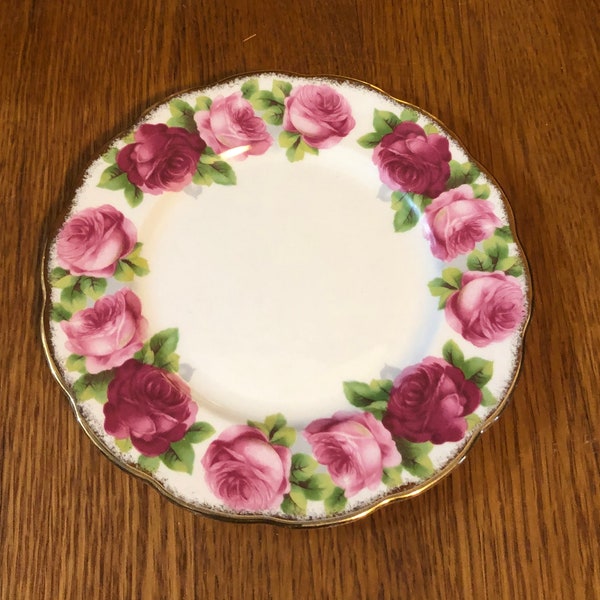 7 1/4" Dessert Plate by Royal Albert, Old English Rose Brushed Gold Trim, Pink Floral Round Plate