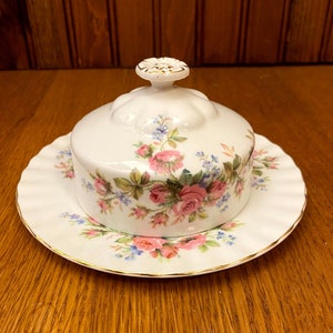 Royal Albert Moss Rose Covered Butter Dish with Under Plate