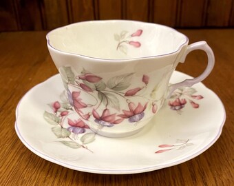 Rosina Queen's Centenary Year Teacup and Saucer, Hanging Fuchsia Flowers with Lavender Trim