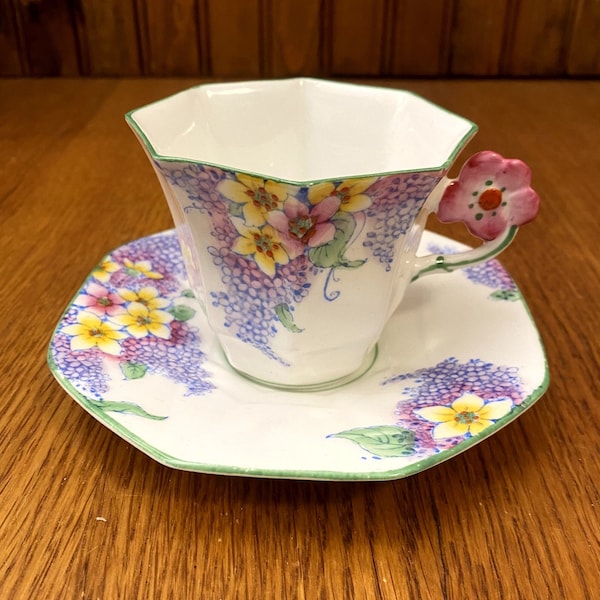 Rare Melba Bone China England, Pink Flower Handle Teacup & Saucer "Lilac Time" Hand Painted