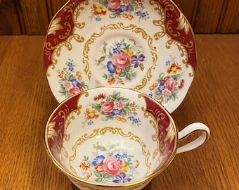 Royal Albert Canterbury Teacup and Saucer in Burgundy and Pink Floral Design, Avon Shape Cup