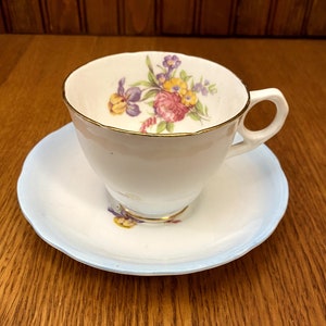Royal Stafford Powder Blue Teacup and Saucer, Rose and Iris Floral Bouquet, Footed Cup and Saucer