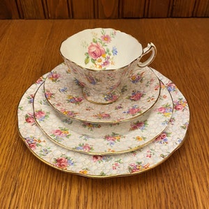Hammersley Pink Floral Chintz 4 Piece Luncheon Set, Teacup, Saucer, Bread and Butter Plate and Dessert Plate,  2348 CHINTZ