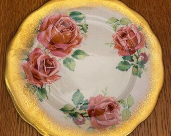 Queen Anne Heavy Gold Trim Bread and Butter Plate with Large Pink Roses