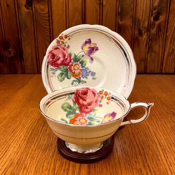 Paragon Fine Bone China Silver Trim Floral Teacup and Saucer, Rose and Tulip Bouquet Cup and Saucer