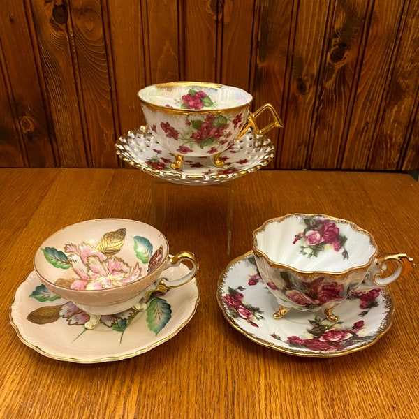 Set of 3, Made in Japan, 3 Footed Teacup and Saucers, Occupied Japan